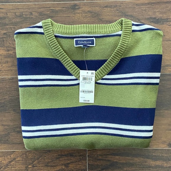 Club Room Men's Large Striped Long Sleeve V-Neck Sweater Pine Brook NEW - Picture 1 of 10